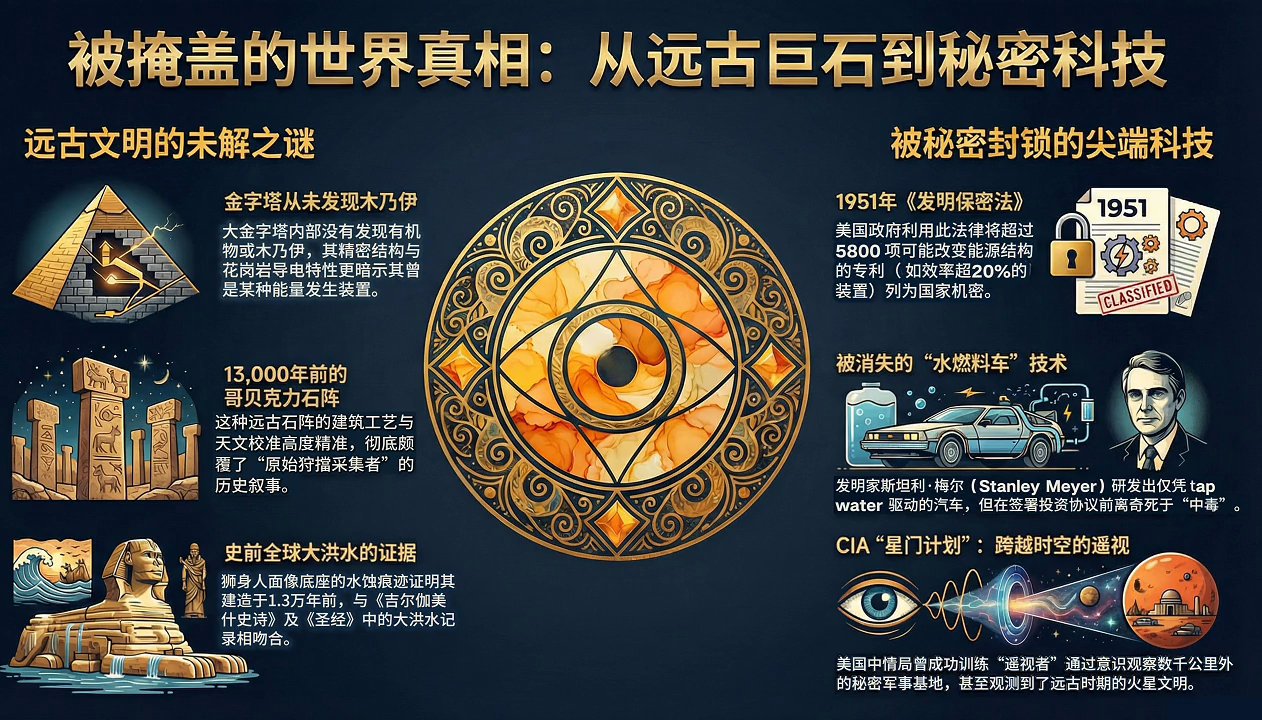 七哥推荐的影片 巨人、金字塔、CIA通灵间谍：那些比我们更先进的古代文明的详细解读与播客

一、 远古文明的颠覆性发现与未解之谜
现有的历史叙事（即文明是线性发展的）与许多考古发现相矛盾。
哥贝克力石...
